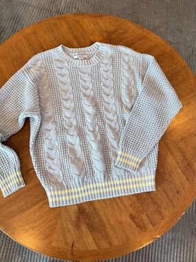 American Eagle Outfitters Light Blue Cable-Knit Sweater with Yellow Stripe Trim